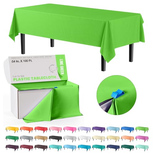Image of Exquisite Lime Green Plastic 54x100in Rectangular Tablecloth Roll with Built-in Cutter, 100 Feet, All-Season