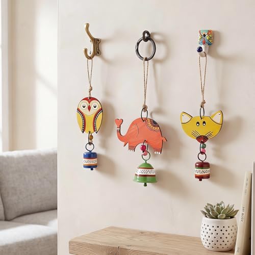 Image of Aakriti Art Creations Niyo Trio Wooden Animal Hanging Bells Set of 3 | Handmade Modern Art Wooden & Metal Wind Chimes | Indoor & Outdoor Hanging for Balcony, Garden, Living Room & Gifting