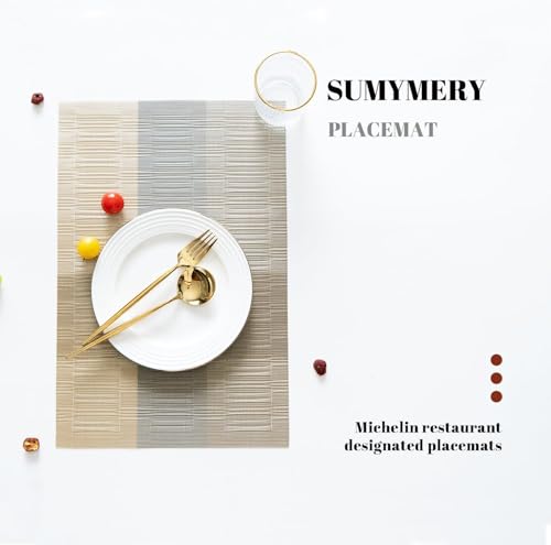 Image of Placemats Set of 6 Dining Table Place Mats | Placemats Table Mat PVC Material | Non-Slip Heat Resistant | Dining Tablemates Washable Anti-Skid | Size 45 x 30cm (Beige & Gold)