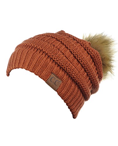 NYFASHION101 Exclusive Soft Stretch Cable Knit Faux Fur Pom Pom Beanie Hat - Rust - Thumbnail 2