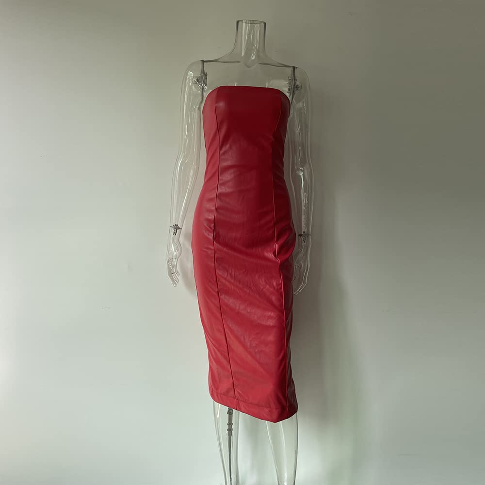XLLAIS Women Sexy Strapless Tube Top Club Midi Dress Off Shoulder Bodycon Party Faux Leather Dress