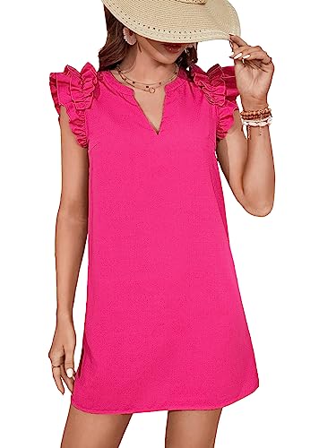 Image of Floerns Women's Solid V Neck Ruffle Trim Cap Sleeve Summer Tunic Dress