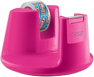 tesa Easy Cut kompaktowy dozownik na biurko, nowoczesny dozownik taśmy w kolorze różowym, w zestawie 1 rolka przezroczystej taśmy klejącej, 10 m x 15 mm