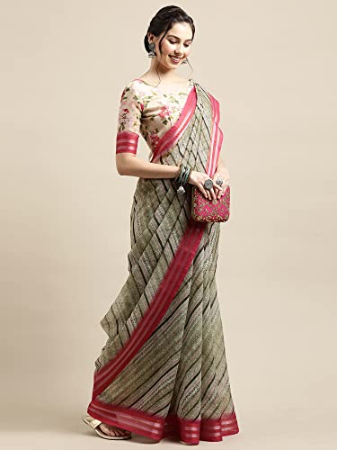Image of AKHILAM Women's Linen Leheriya Printed Saree with Unstitched Blouse Piece (Multicolored SUSHM8 Parent)