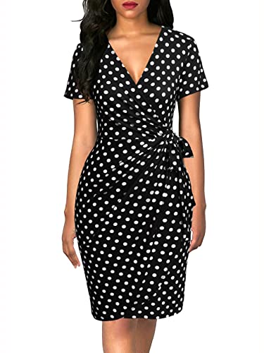 Lyrur Women's Retro Polka Dot V Neck Drapped Knee Length Short Sleeves Sheath Work Black Faux Wrap Dresses(M,9069-Black Dot)
