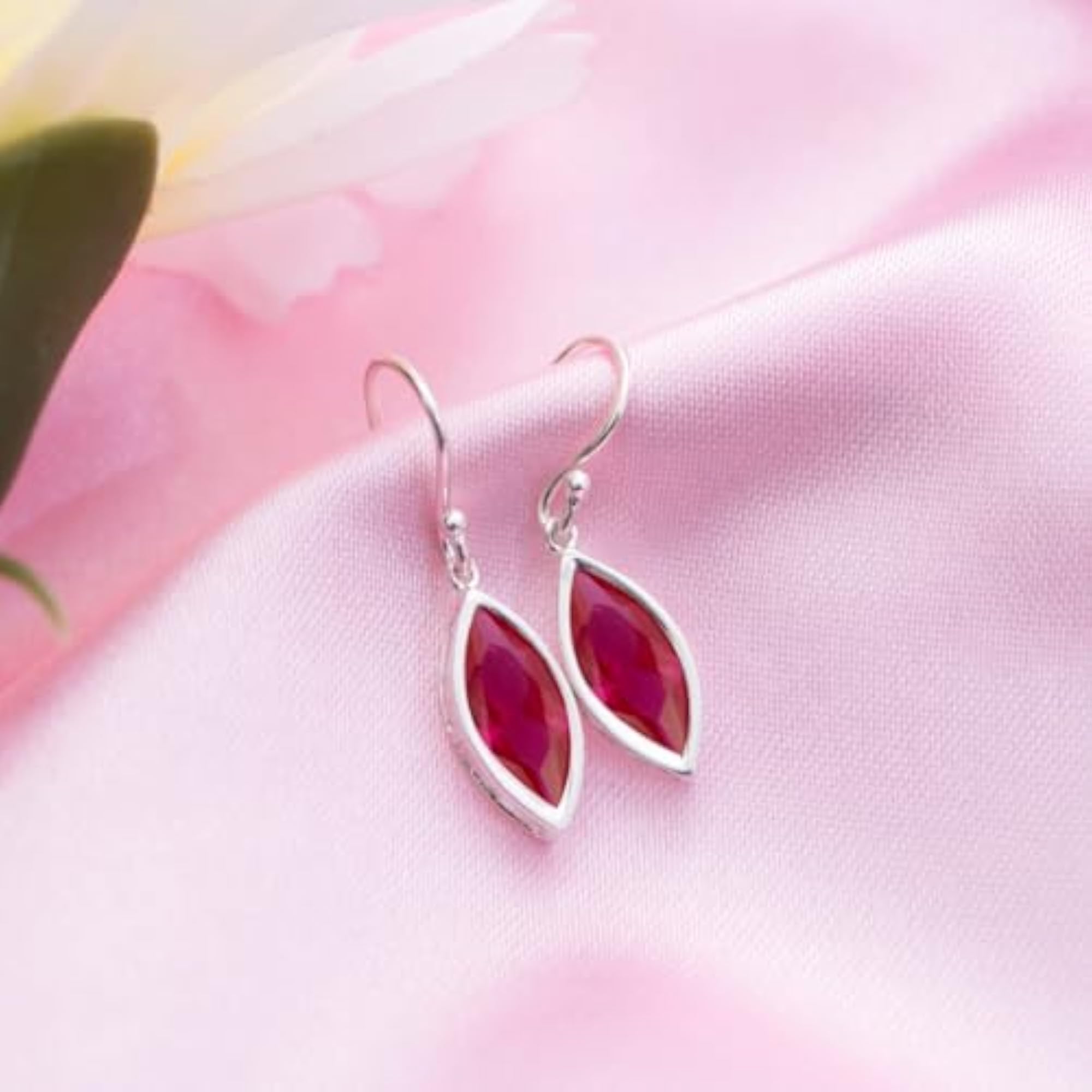 925 Silver Red CZ Rhodium Dangler Earrings with Hallmark