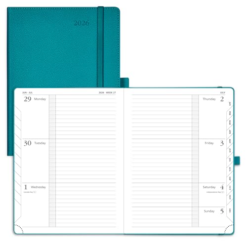 POPRUN A5 Diary 2026 Week to View (22x16.5 cm) Hardback Appointment Diary Horizontal Weekly Planner 26, Inner Pocket, 100GSM Paper (Pacific Green)