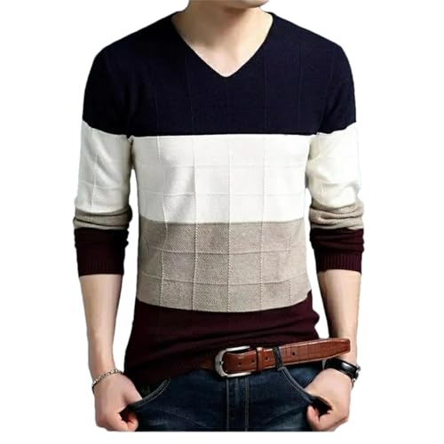 Men'S Long-Sleeved V-Neck Color-Blocked Striped Loose Autumn and Winter Casual Knitted Pullover