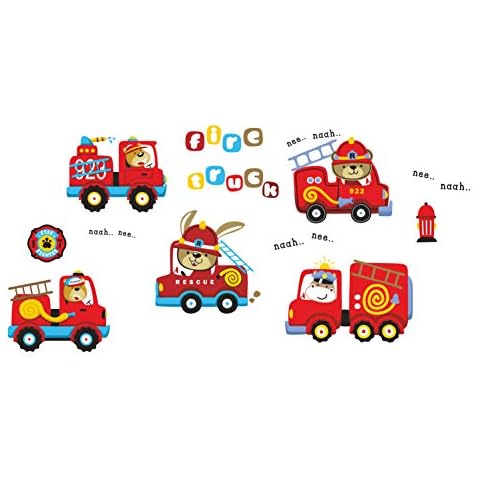 madras24pl Wall stickers Kids Fire Brigade Bears Fireman Emergency services Baby Children's Cars vehicles Decals Bedroom Livingroom Decoration Childroom Cover