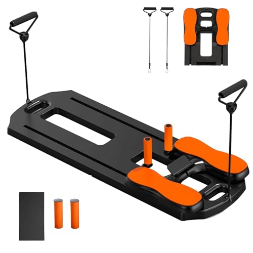 Pilates Reformer Board, Foldable Abdominal Board for Home Office Workout, Portable Pilates Exercise Board with Resistance Bands, 2 Comfort Grips, Orange and Black