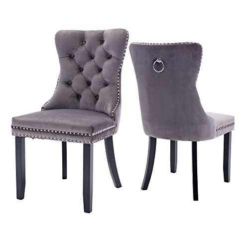 Image of Virabit Tufted Wingback Chairs Set of 2, Upholstered Dining Chairs with High-Density Sponge Cushion and Base Supported by Arch Springs, Solid Wood Frame, Fabric Dining Room Chairs 2PCS (Gray)