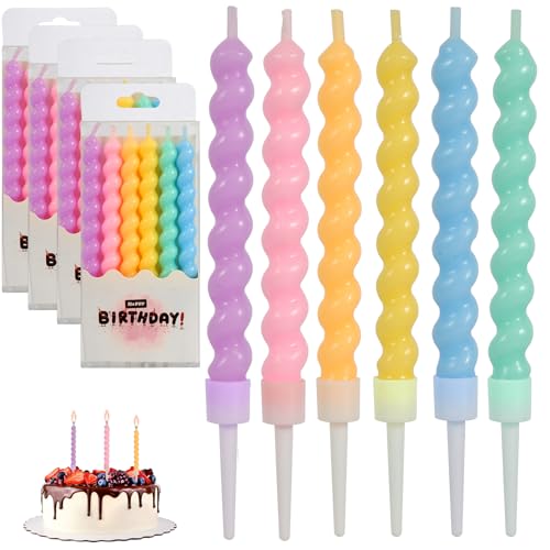 NVGVUP 24 Pcs Bougie Anniversaire Multicolore, Spirale Bougies Gâteaux, Bougie Anniversaire avec Supports pour Anniversaire, Fête, Décoration de Gâteaux