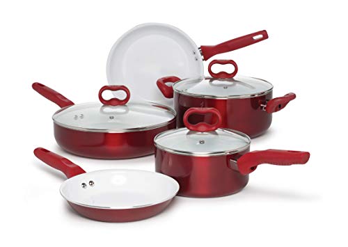 Ecolution Bliss Ceramic Easy Clean Pots and Pans With Nonstick Interior Cookware Set With Stay Cool Handles, 8 Piece, Red