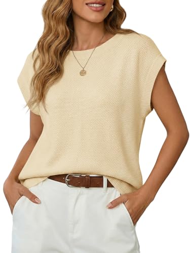 Saodimallsu Womens Short Sleeve Sweater Tops Summer Crewneck Lightweight Knit Casual Loose Sleeveless Sweater Vest Apricot