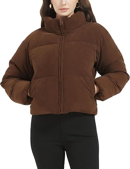 areal fashion Women's Corduroy Puffer kotrise full slave Jacket, Cropped Style, Stand Collar, Zip Front with pocket-picture-19