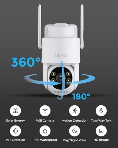 Image of Devo Solar Security Camera Wireless Outdoor 360 PTZ - 2.3K Color Night Vision with AI Human Detection, WiFi 6 Pan /Tilt IP66 Waterproof, 180-Day Battery & Solar Panel, 2-Way Audio, Triple Alert System