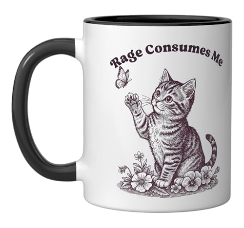 Cat Meme Rage Consumes Me Funny Angry Cute Cats Kitty Lovers Ceramic Mug, Black/White