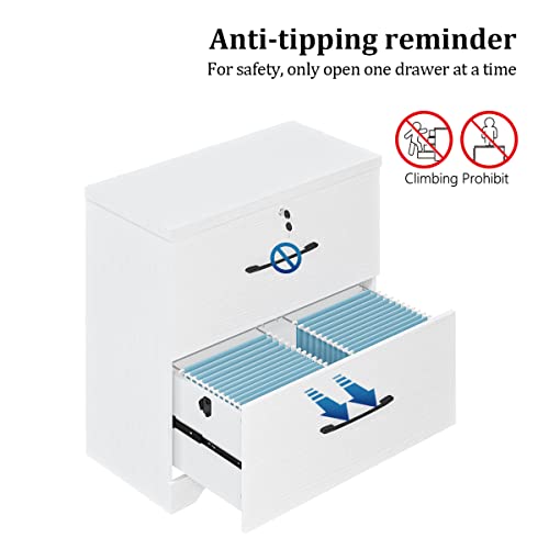 2 Drawer Wood Lateral File Cabinet With Lock, Home Office Storage Filing Cabinet With Anti-Tilt Mechanism With 8 Hanging Bars For Letter/Legal Size Heightened Drawer Side (White) #TOP2
