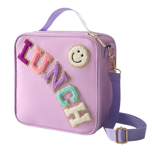 MEEYUU Insulated Lunch Bag Nylon Preppy Boys Girls Lunch Box Large Insulated Lunch Bag Reusable Lunch Tote Bag with Smiley Preppy LunchBag for Girls School Travel Picnic Adjustable (Purple)