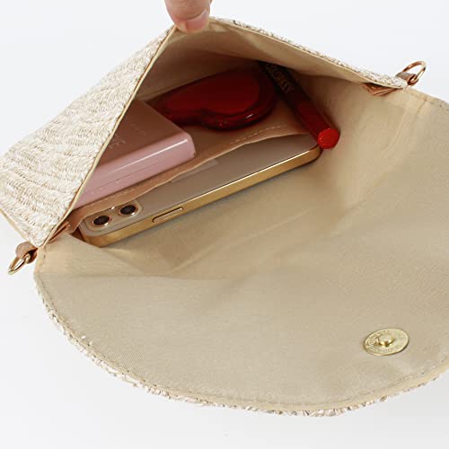 Van Caro Straw Wristlet Clutch Straw Shoulder Bag Straw Crossbody Bag Handwoven Envelope Pompom Purse Beach Bag For Women,Beige #TOP2