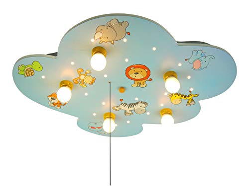 Deckenleuchte Wolke, Wilde Tiere Amazon Echo kompatibel, Holz, E14, 40 W, Hellblau/mehrfarbig, 74 x 57 x 7 cm