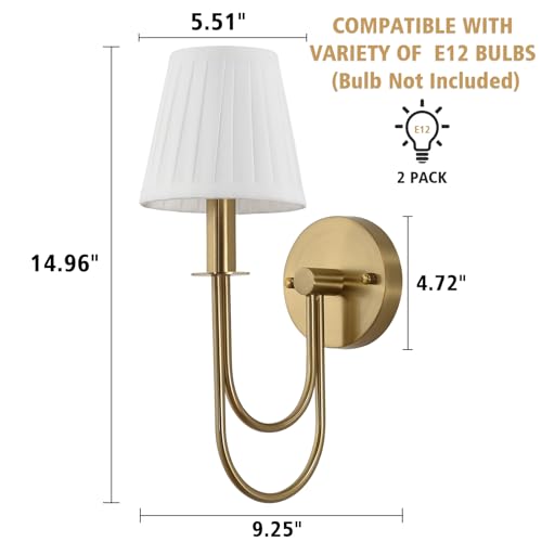 Image of ETONIMERR Antique Brass Wall Sconces Set of Two, White Pleated Fabric Wall Light Fixtures with Gold Curved Arm, Vintage Gold Wall Sconce for Bedroom Living Room Hallway, Brass Finish Sconces