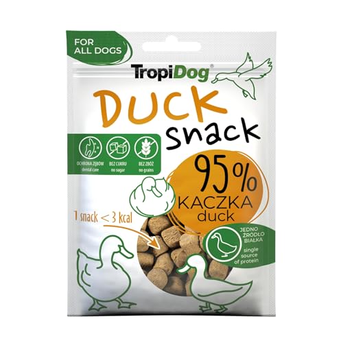 Snack per cani monoproteici con il 95% di anatra, senza cereali e conservanti, ideale per l'addestramento e l'igiene orale - TropiDog Snack Duck 70g
