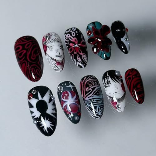 KZBTRBT Anime Gothic Press-On Nails, Black and Red 3D Flower Almond Tips for Cosplay and Parties