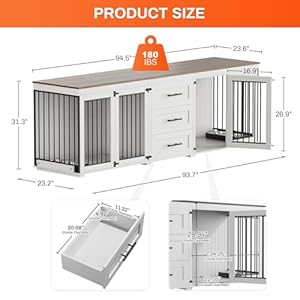 Rophefx 945 dog crate furniture for 2 dogs large dog kennel furniture with 3 storage drawer wooden dog cage with 4 bowls indoor dog house tv stand with locks for large medium dog white  urban country home decor