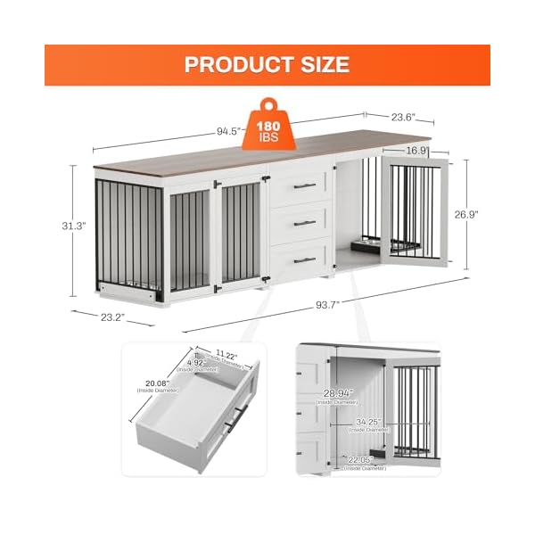 Rophefx 945 dog crate furniture for 2 dogs large dog kennel furniture with 3 storage drawer wooden dog cage with 4 bowls indoor dog house tv stand with locks for large medium dog white  urban country home decor