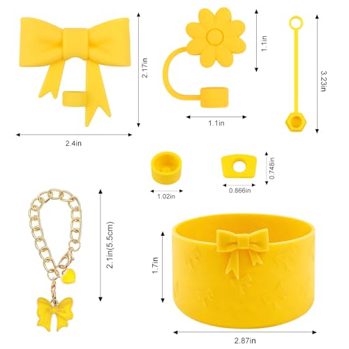 Hpebl 7Pcs Yellow Cup Accessories for Stanley Cups 40/30oz with Handle Including Bow Silicone Straw Cover Topper Boot Spill-Proof Stopper Set Bow Handle Charm for Stanley Tumbler Accessories — view 3