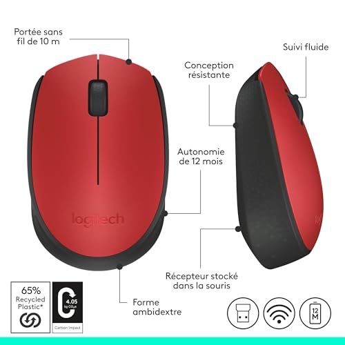 Logitech M171 Souris Sans Fil pour PC, Mac, Ordinateur portable, 2,4 GHz avec Mini-récepteur USB, Suivi Optique, Autonomie de Piles de 12 mois, Ambidextre - Rouge