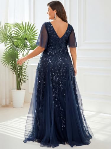 Image of Ever-Pretty Women's Sequin V Neck Plus Size Formal Dresses Evening Gown | Short Sleeve, A-Line, Empire Waist, Plus Size Mother of the Bride Dresses, Plus Size Gala Dress