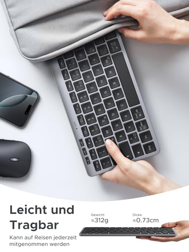 UGREEN Bluetooth Tastatur Kabellos (BT5.3+2.4G), Schlanke Scherenmechanik für Leises Tippen, Bis zu 500 Tage Batterielebensdauer, Kompatibel mit Windows/macOS, Tragbare Mini Tastatur-QWERTZ Layout