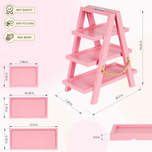 Image of Flenpptly Wooden Cupcake Stand, 3 Tier Cupcake Display Stand for Dessert Display, Dessert Stands with Serving Tray and Foldable Stand for Party, Birthday, Wedding, Events, Baby Shower (Pink)