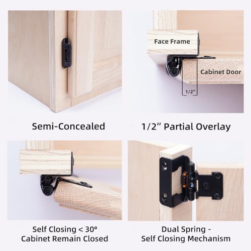 DecoBasics 50 Pack 1/2" Overlay Black Cabinet Hinges for Cabint Doors (25 Pairs) – Self-Closing Partial Wrap Semi-Concealed Face Frame Hinge for Cupboard & Kitchen Doors w/Screws & Quiet Bumpers by DecoBasics - Image 5