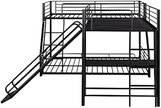 Low Bunk Bed with Double Loft Bed, L-Shaped Triple Bunk Bed with Slide and Desk, 3 Bunk Beds with Ladder and Full Length Railing, Black