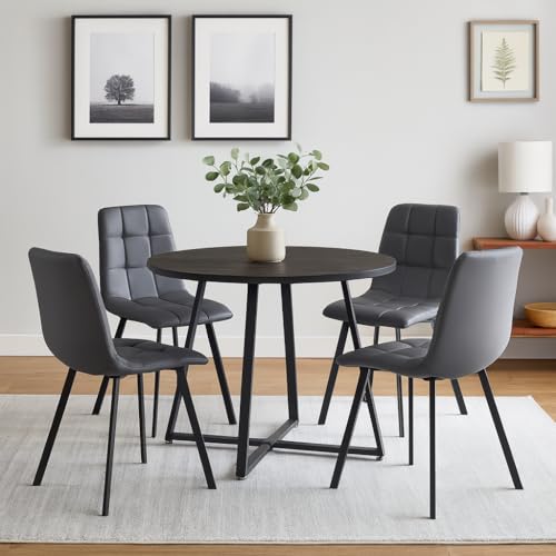 Image of Mid Century Modern 35 inch Round Wood Top Cross Legs Dining Table Set for 4, Cozy Faux Leather Chairs w /Steel Legs, Coffee Table for Kitchen, Office, Save Space (Grey Top, Grey Chairs)