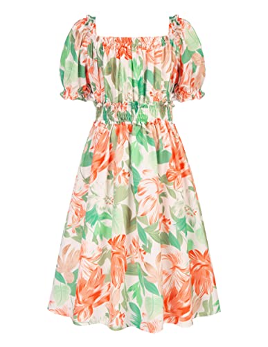 Grace Karin Girls Summer Floral Dress Square Neck Short Sleeves Casual A-Line Dress Yellow-Green 8Y #TOP27