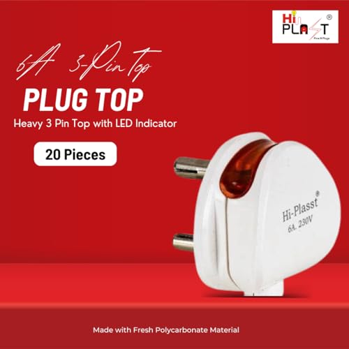 Image of HI-PLASST (Pack of 20) 6a 3 Pin Plug top 240v with Led Indicator for products like LED Tv,Music system,Computer,Printer,ETC.