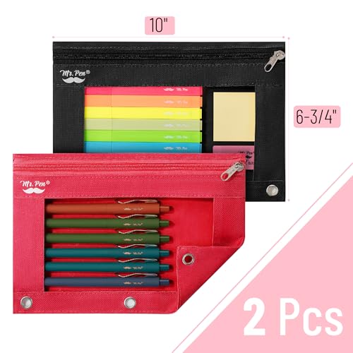 Image of Mr. Pen- Pencil Pouch for 3 Ring Binder, 2 Pack, 10 inchx6.75 inch, Smooth Zipper | Clear Window, Large Capacity Pencil Case with 3 Reinforced Grommets for School, Office, Supplies Storage | Clear Window, Large Capacity Pencil Case with 3 Reinforced Grommets for School, Office, Supplies Storage
