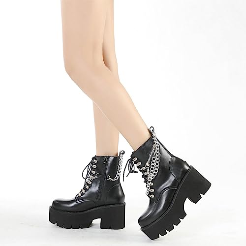 Image of Parisuit Womens Goth Patent Ankle Boots Platform Chunky Combat Boots | Lace Up, Gothic Boots, High Heel, Punk Short Booties, Buckle Boots, Chain Boots