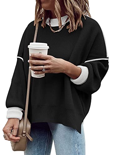 Image of Womens Oversized Sweaters Fall 2026 Fashion Clothes Colorblock Knit Tops | ETCYY Striped Sweaters For Women Trendy,Batwing Sleeve Oversized Sweater Pullover Tops,Cute,Spring Winter Fall Outfits