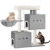 Hzuaneri 75 cm Árbol para Gatos, Árbol para Gatos, Poste rascador pequeño de Varios Niveles, con 4 Postes Rascadores, 2 Cuevas, Grandes Plataformas, Hamaca, Pompones, Gris Claro
