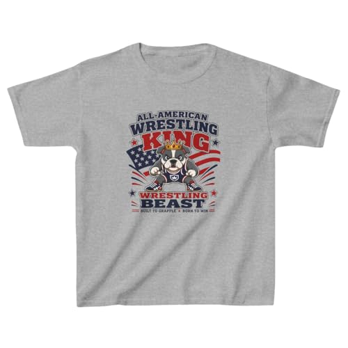 All American Wrestling Shirt Kids, Patriotic Bulldog Wrestler Tee, Wrestling Beast Youth Boys T-Shirt USA Colors (US, Alpha, X-Small, Regular, Sport Grey)
