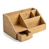 Zuxbolf Holz Schreibtisch Organizer 24.5x15x11cm Büro Organizer mit 7 Fächer und Schublade Aufbewahrungsbox Fernbedienung Halterung Stiftehalter Schreibtischablage Tischorganizer für Büro und Zuhause