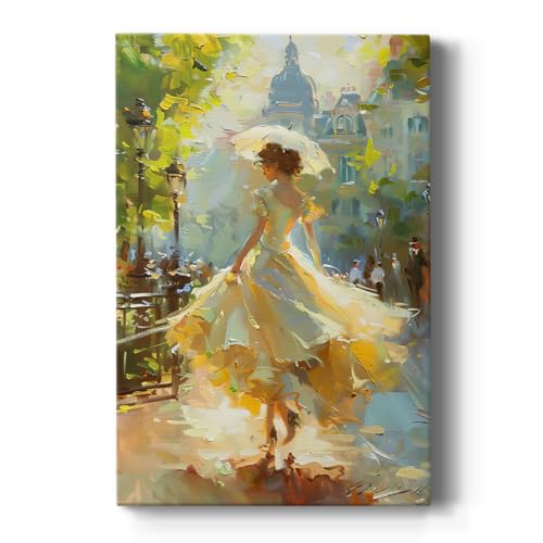 Renditions Gallery Canvas Artwork Home Decor Woman in White Dress Beautiful Parasol Ancient Building Wall Decor Paintings & Prints for Bedroom Office Kitchen - 18" X 27" LT564