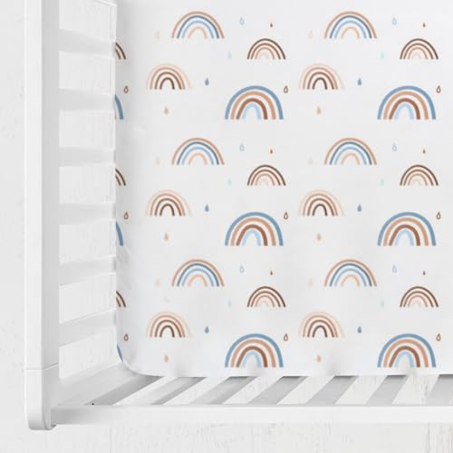 Image of Rainbow Baby Crib Sheet 52''x28'' Cute Rainbow Drops Colorful Stretchy Fitted Crib Mattress Sheet for Boy Girl Bed Sheet for Standard Crib Toddler Mattresses