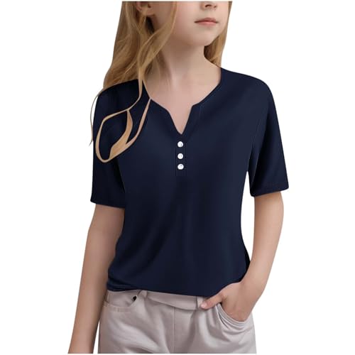 Girls Short Sleeve T-Shirts V Neck Buttons Tops Basic Tee Solid Color Blouse Loose Pullover Spring Summer Shirt 2025