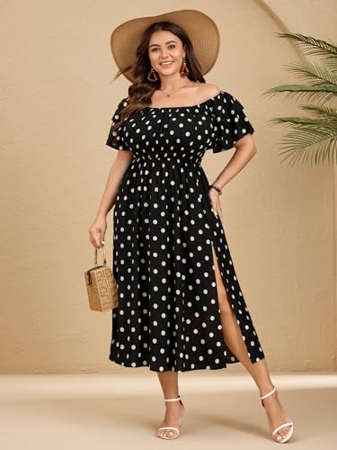 Image of Plus Size Maxi Dress Off The Shoulder Ruffle Smocked Wedding Guest Cocktail Slit Hem Flowy Dresses for Curvy Women